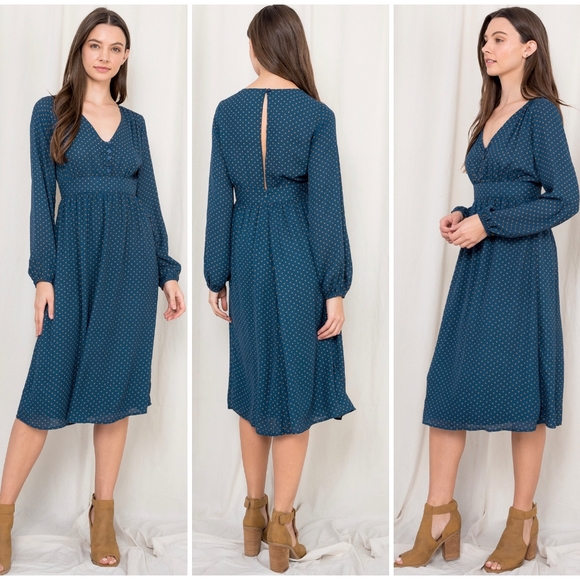 LAST ONE❗️ROKOKO Dark Teal Polka Dot Flowy Midi Dress - Picture 5 of 10